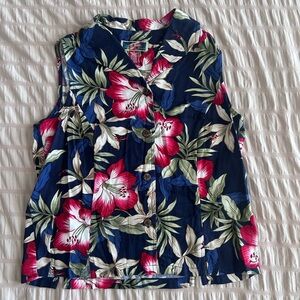 La Cabana Navy Hawaiian Floral Button Up Tank (S)